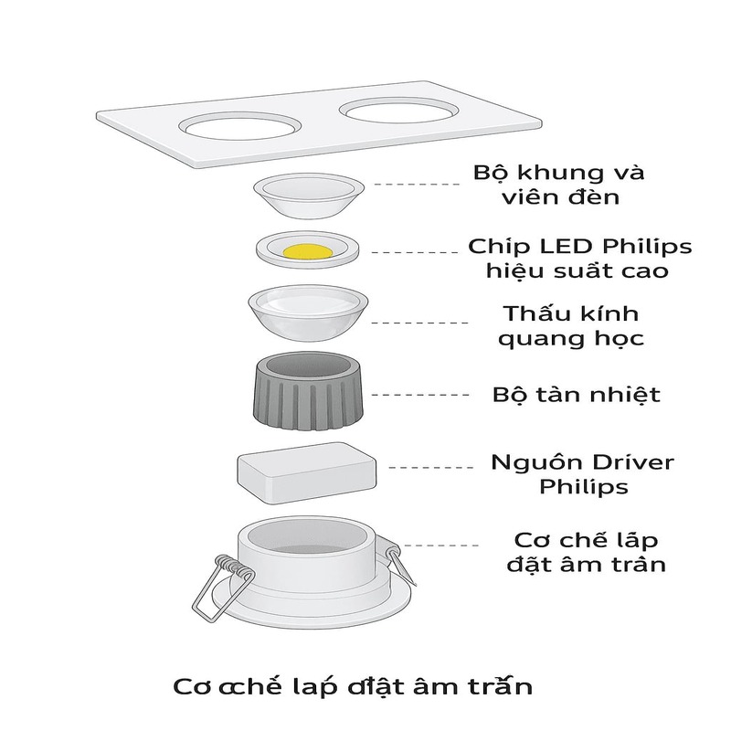 Cấu tạo đèn LED âm trần Philips GD022B 2x6W/ 2x10W