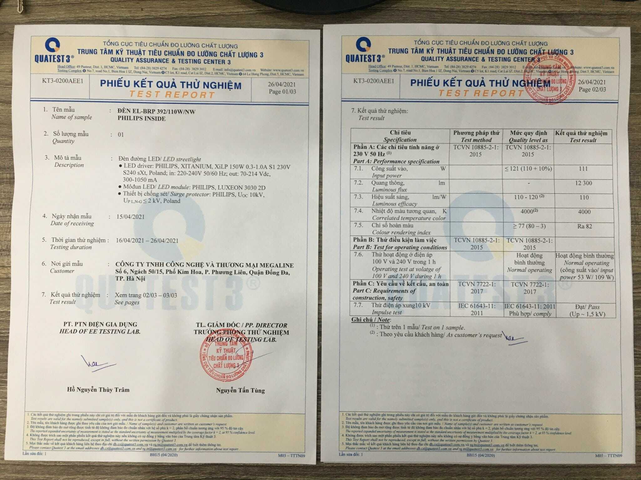 chứng chỉ quatest đèn led oem elmall