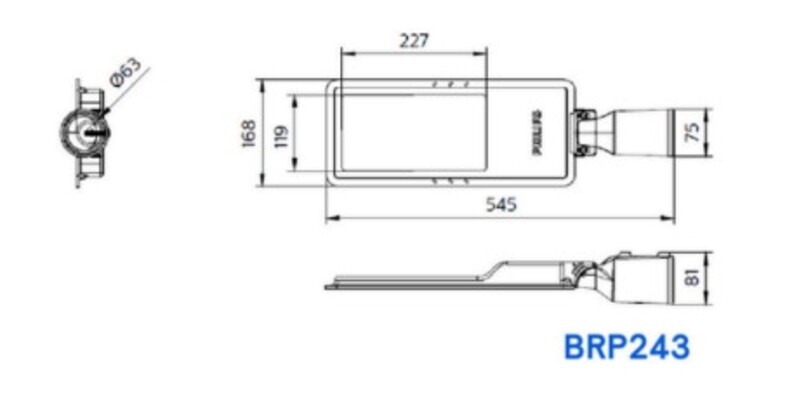 Bản vẽ cấu tạo đèn đường BRP243 LED98/NW 70W DM0 PSU